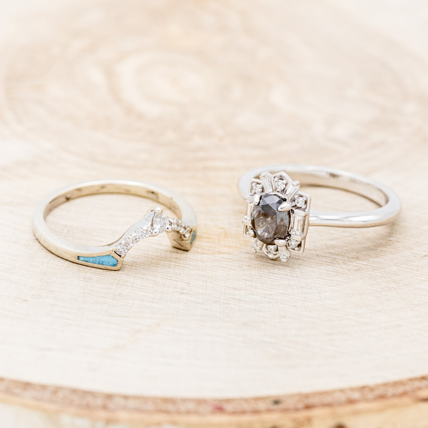 "CLEOPATRA" - OVAL SALT & PEPPER DIAMOND ENGAGEMENT RING WITH DIAMOND ACCENTS & TURQUOISE TRACER-5