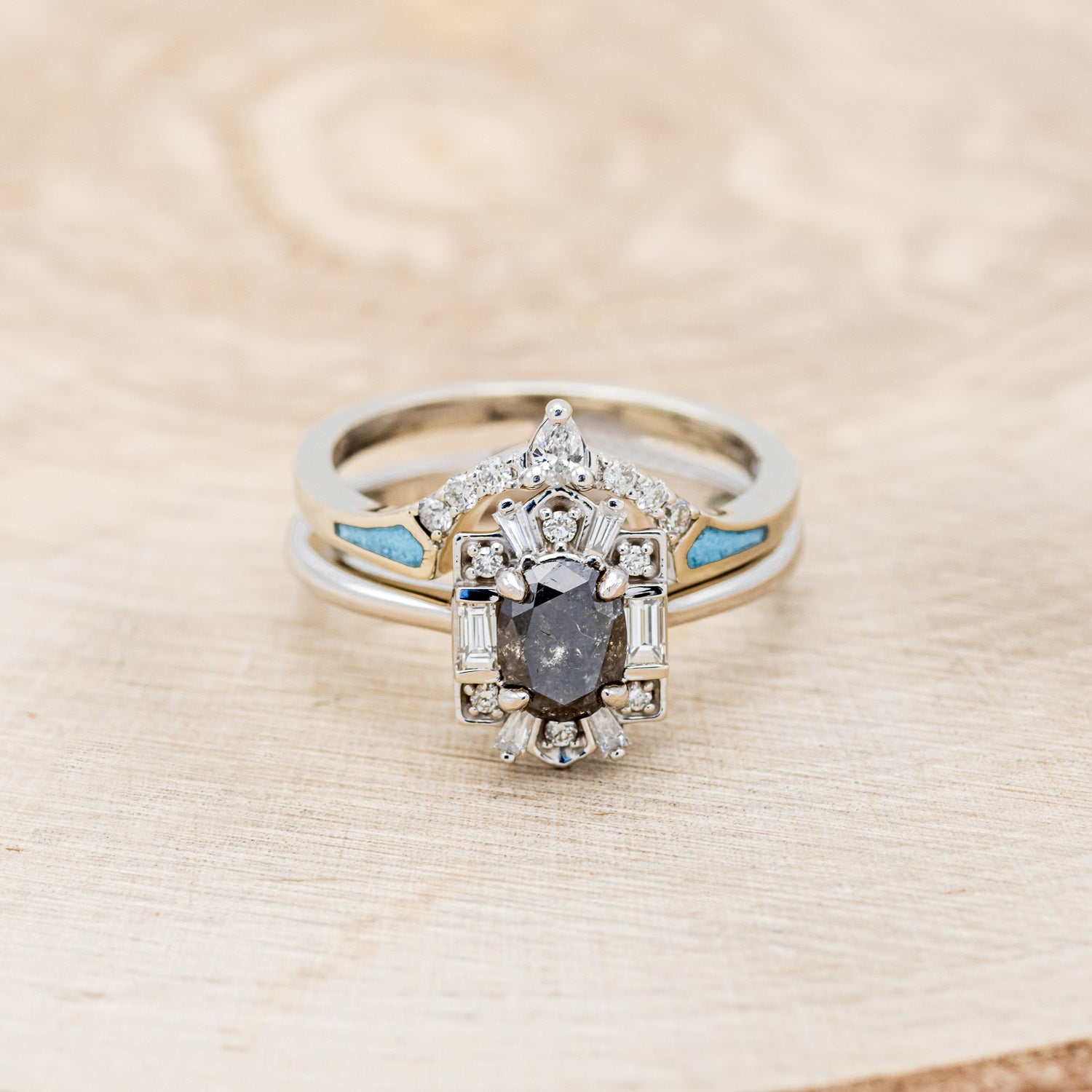 "CLEOPATRA" - OVAL SALT & PEPPER DIAMOND ENGAGEMENT RING WITH DIAMOND ACCENTS & TURQUOISE TRACER-4