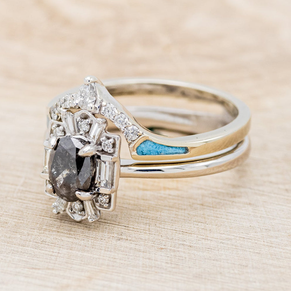 "CLEOPATRA" - OVAL SALT & PEPPER DIAMOND ENGAGEMENT RING WITH DIAMOND ACCENTS & TURQUOISE TRACER-3