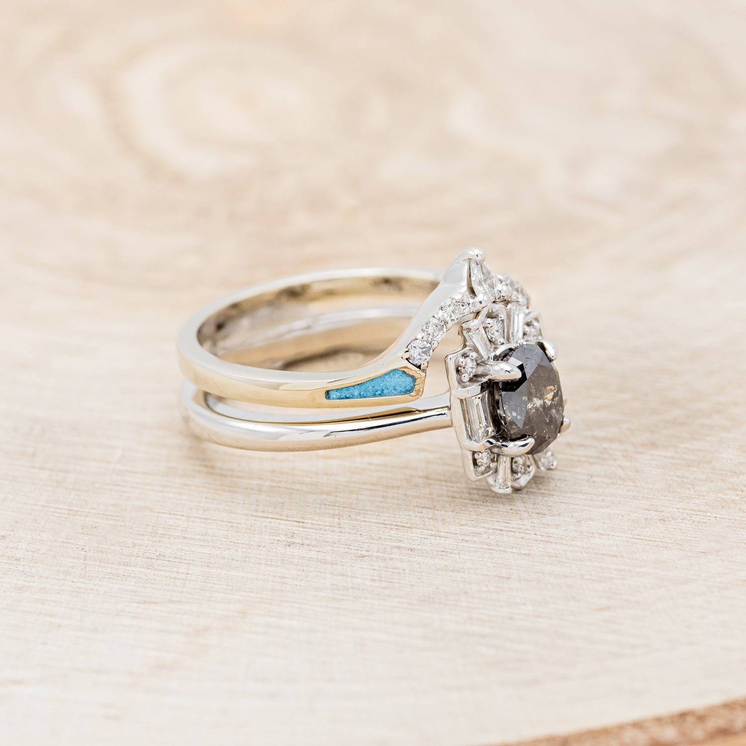 "CLEOPATRA" - OVAL SALT & PEPPER DIAMOND ENGAGEMENT RING WITH DIAMOND ACCENTS & TURQUOISE TRACER-2