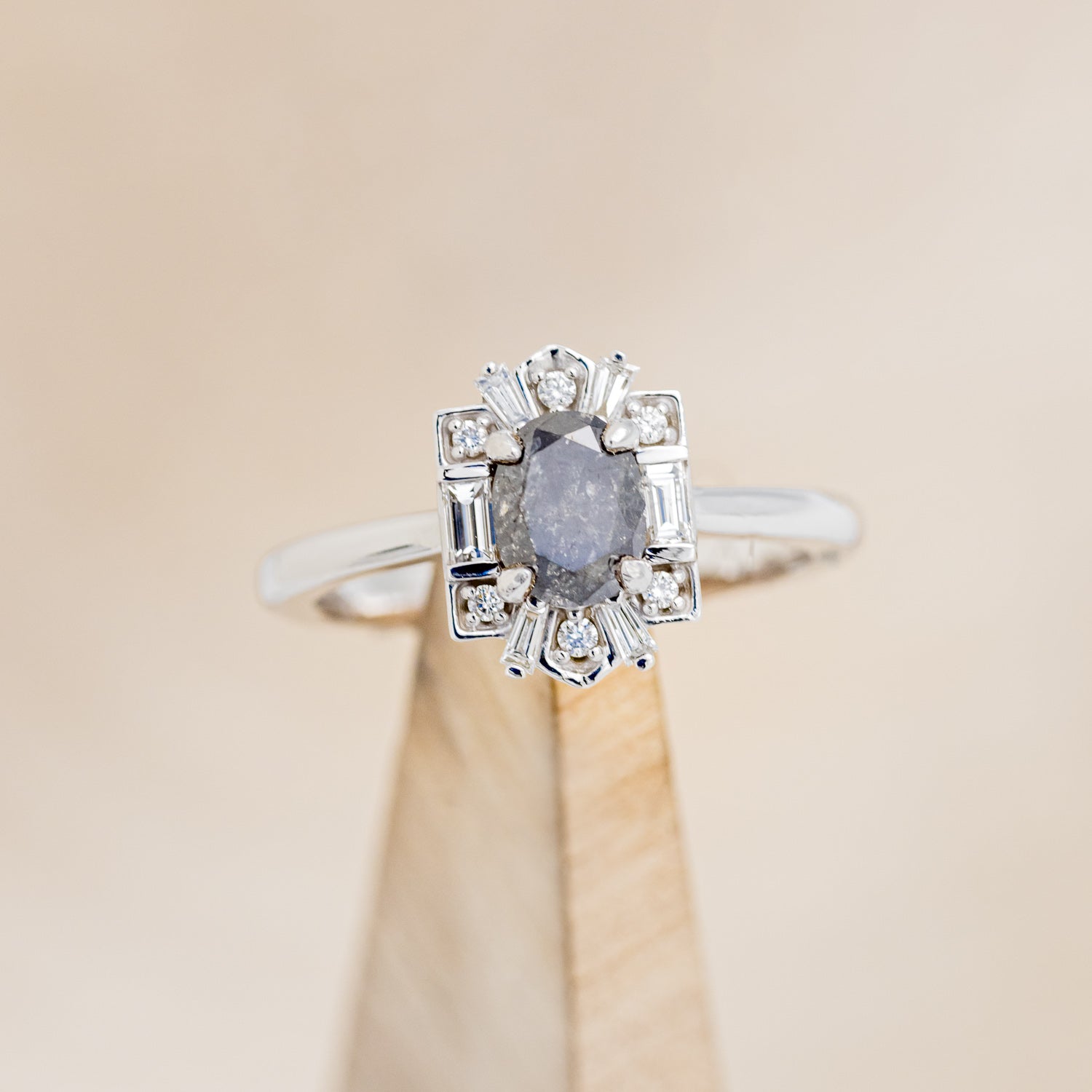 "CLEOPATRA" - OVAL SALT & PEPPER DIAMOND ENGAGEMENT RING WITH DIAMOND ACCENTS & TURQUOISE TRACER-6