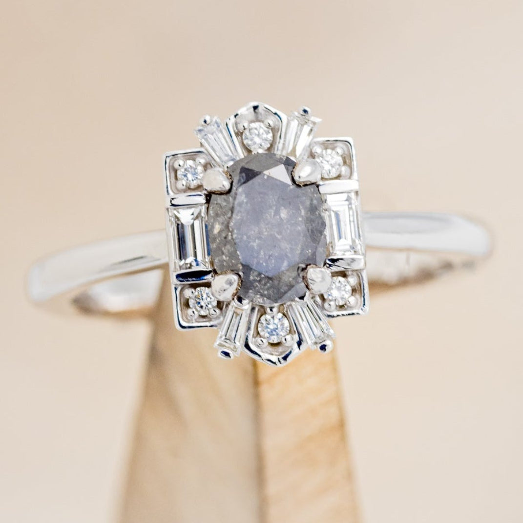 "CLEOPATRA" - OVAL SALT & PEPPER DIAMOND ENGAGEMENT RING WITH DIAMOND ACCENTS & TURQUOISE TRACER-6
