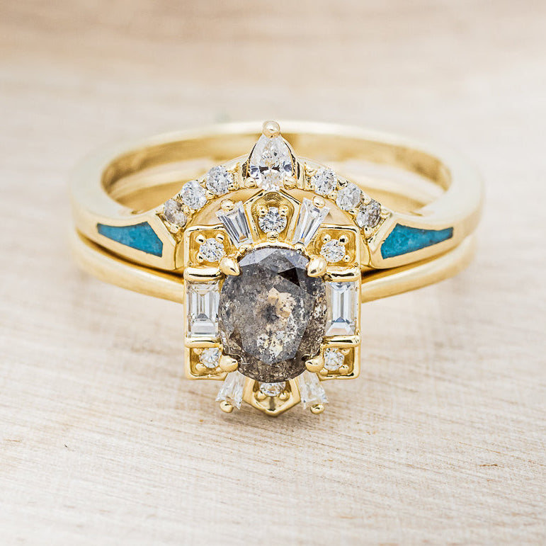 "CLEOPATRA" - OVAL SALT & PEPPER DIAMOND ENGAGEMENT RING WITH DIAMOND ACCENTS & TURQUOISE TRACER-13