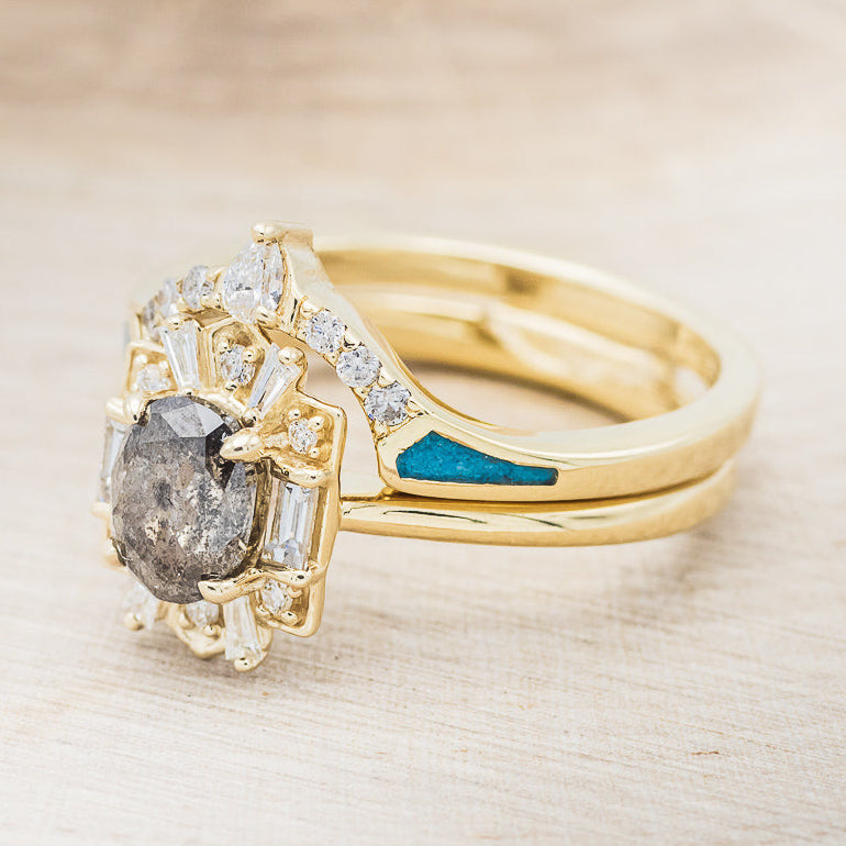 "CLEOPATRA" - OVAL SALT & PEPPER DIAMOND ENGAGEMENT RING WITH DIAMOND ACCENTS & TURQUOISE TRACER-12