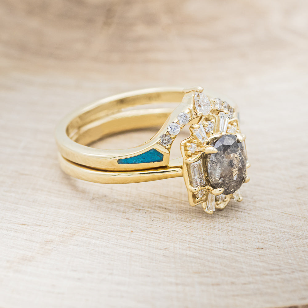 "CLEOPATRA" - OVAL SALT & PEPPER DIAMOND ENGAGEMENT RING WITH DIAMOND ACCENTS & TURQUOISE TRACER-11