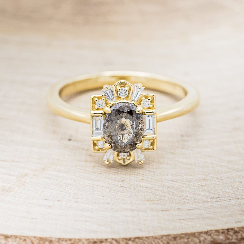 "CLEOPATRA" - OVAL SALT & PEPPER DIAMOND ENGAGEMENT RING WITH DIAMOND ACCENTS & TURQUOISE TRACER-15
