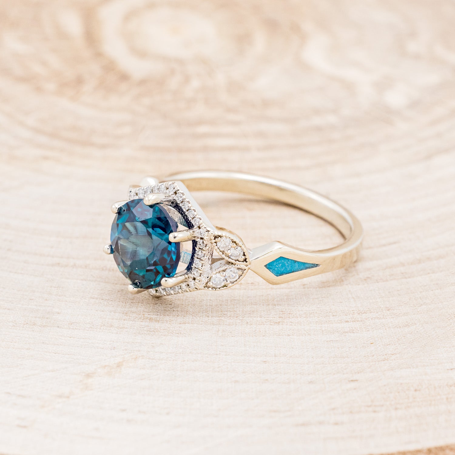 "LUCY IN THE SKY" - ROUND CUT LAB-GROWN ALEXANDRITE ENGAGEMENT RING WITH DIAMOND ACCENTS & TURQUOISE INLAYS-3