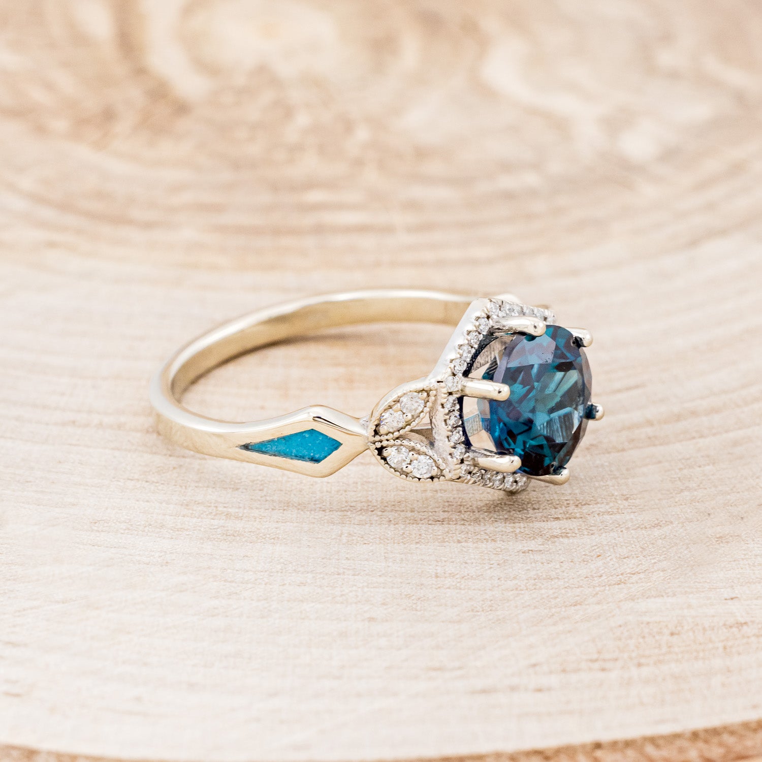 "LUCY IN THE SKY" - ROUND CUT LAB-GROWN ALEXANDRITE ENGAGEMENT RING WITH DIAMOND ACCENTS & TURQUOISE INLAYS-2