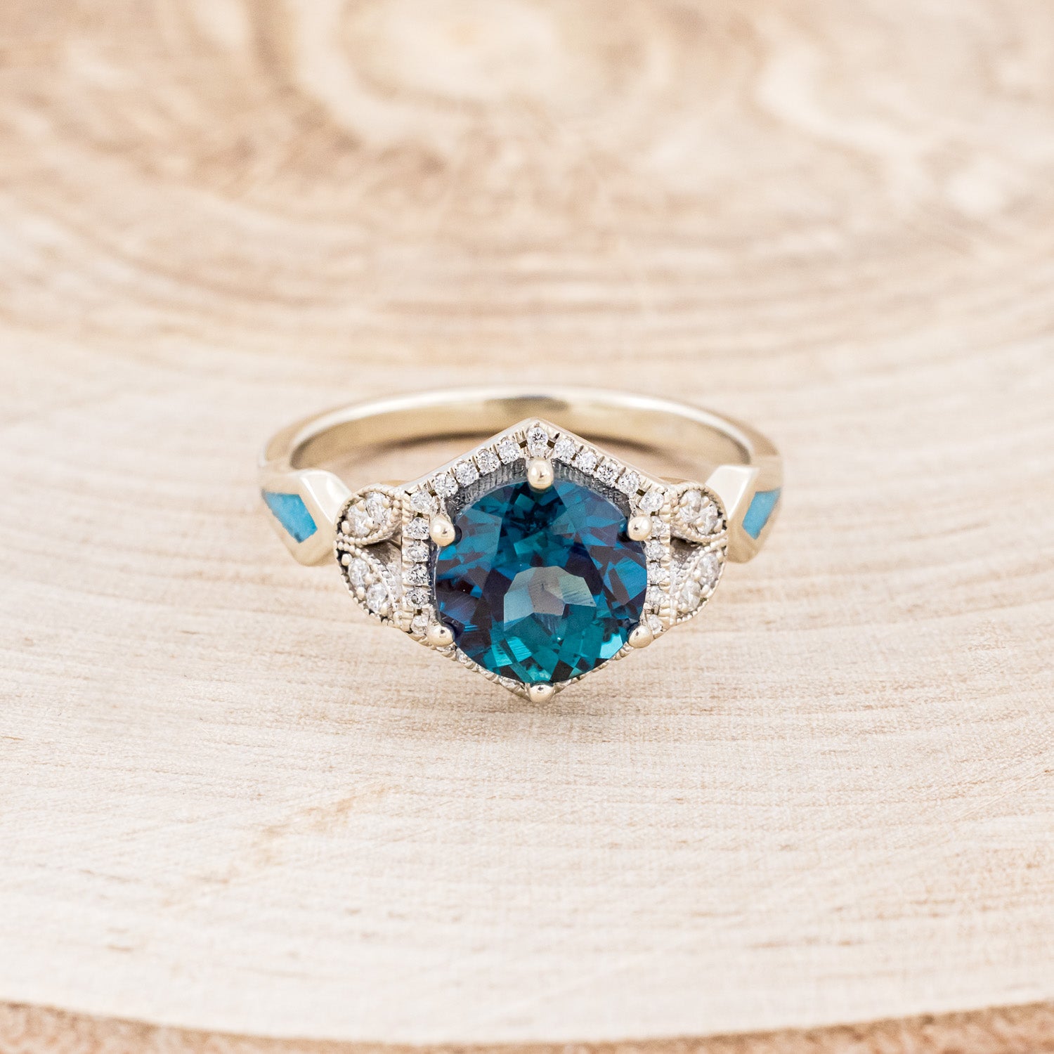 "LUCY IN THE SKY" - ROUND CUT LAB-GROWN ALEXANDRITE ENGAGEMENT RING WITH DIAMOND ACCENTS & TURQUOISE INLAYS-4