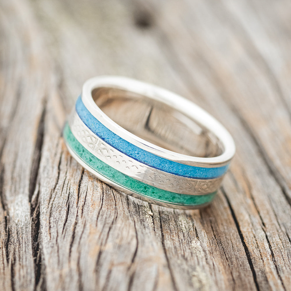 "RYDER" - CELTIC SAILOR'S KNOT ENGRAVED, MALACHITE & TURQUOISE WEDDING RING-6