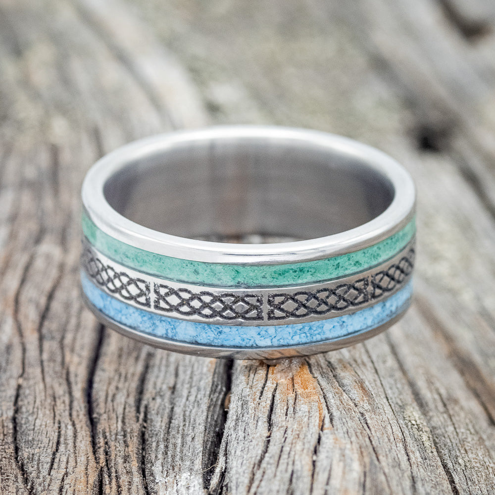 "RYDER" - CELTIC SAILOR'S KNOT ENGRAVED, MALACHITE & TURQUOISE WEDDING RING-4