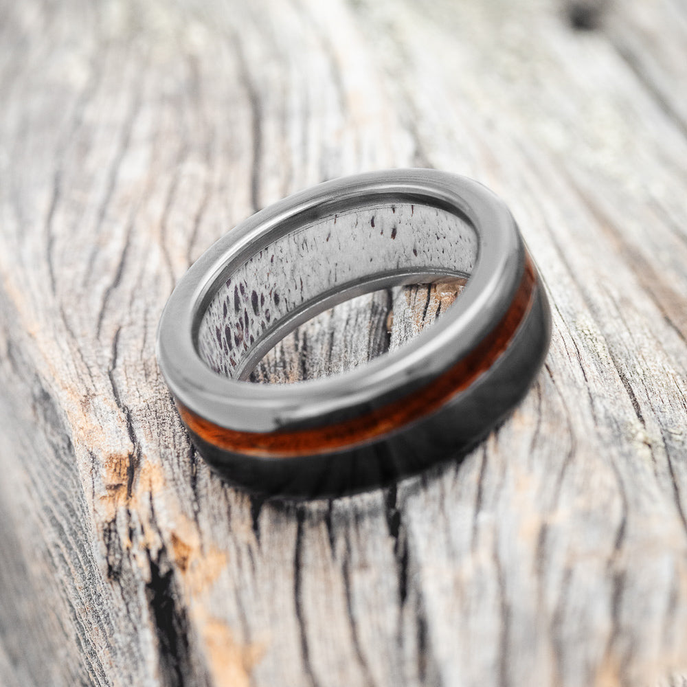 "VERTIGO" - IRONWOOD WEDDING RING WITH ANTLER LINED BAND-13