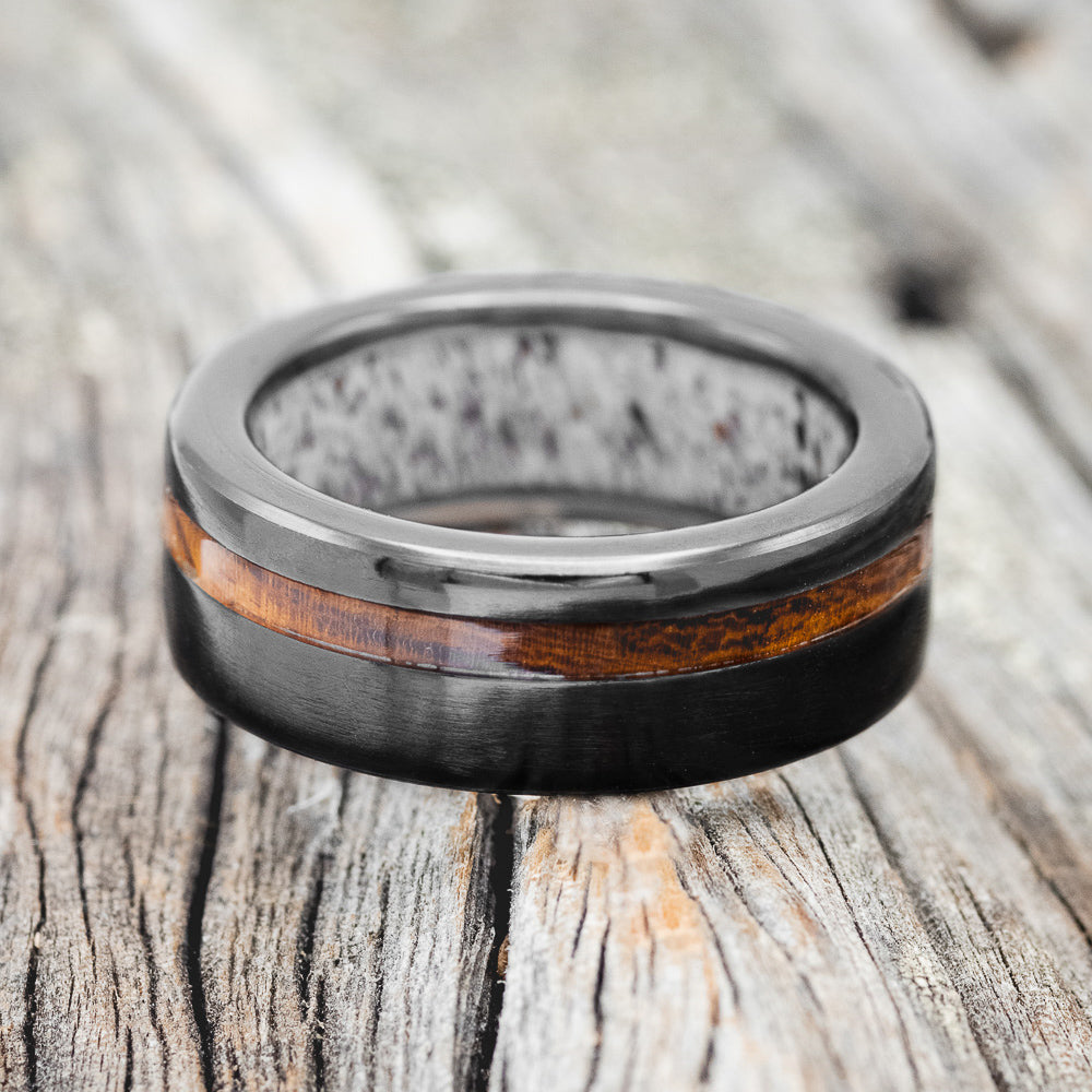 "VERTIGO" - IRONWOOD WEDDING RING WITH ANTLER LINED BAND-14
