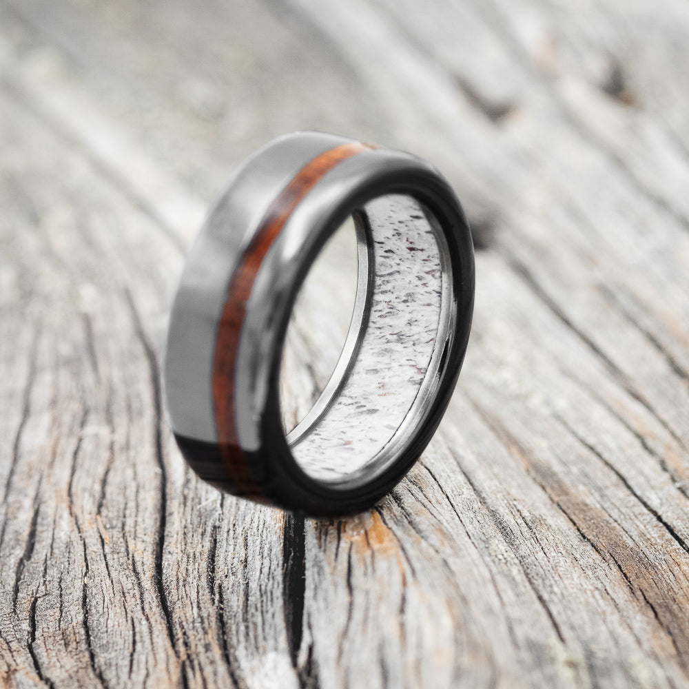 "VERTIGO" - IRONWOOD WEDDING RING WITH ANTLER LINED BAND-9