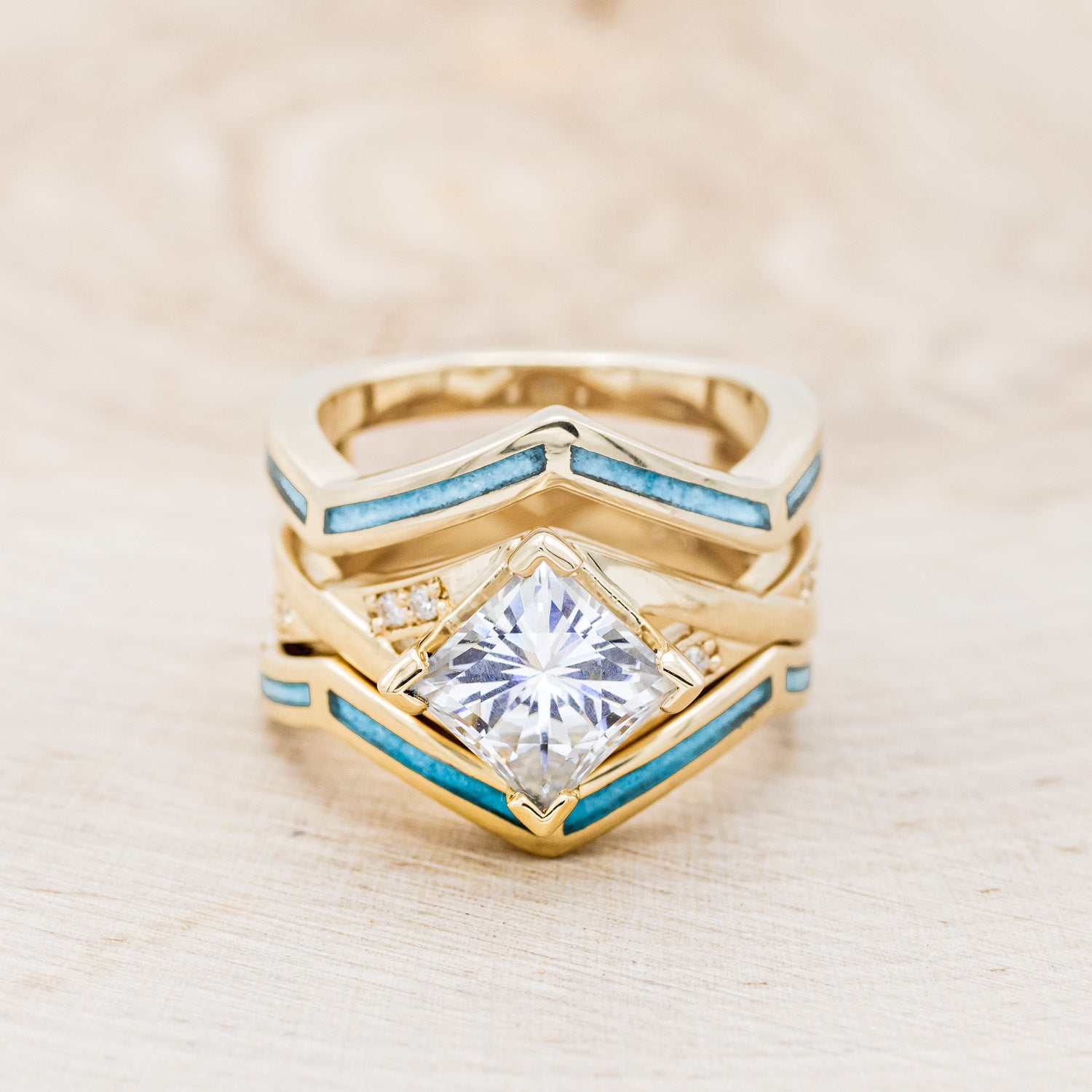 "LINA" - PRINCESS CUT MOISSANITE ENGAGEMENT RING WITH TURQUOISE RING GUARD-4