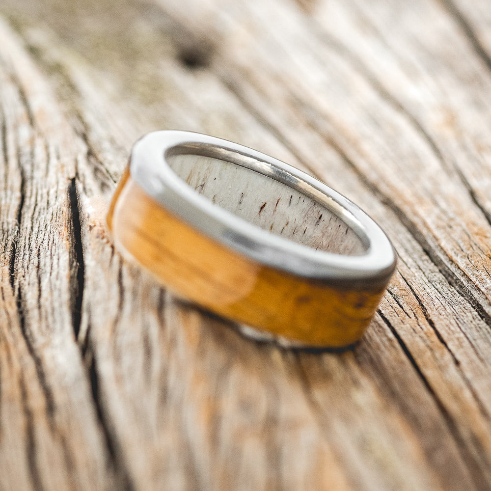 "EZRA" - WHISKEY BARREL OAK WEDDING RING FEATURING AN ANTLER LINED BAND-13