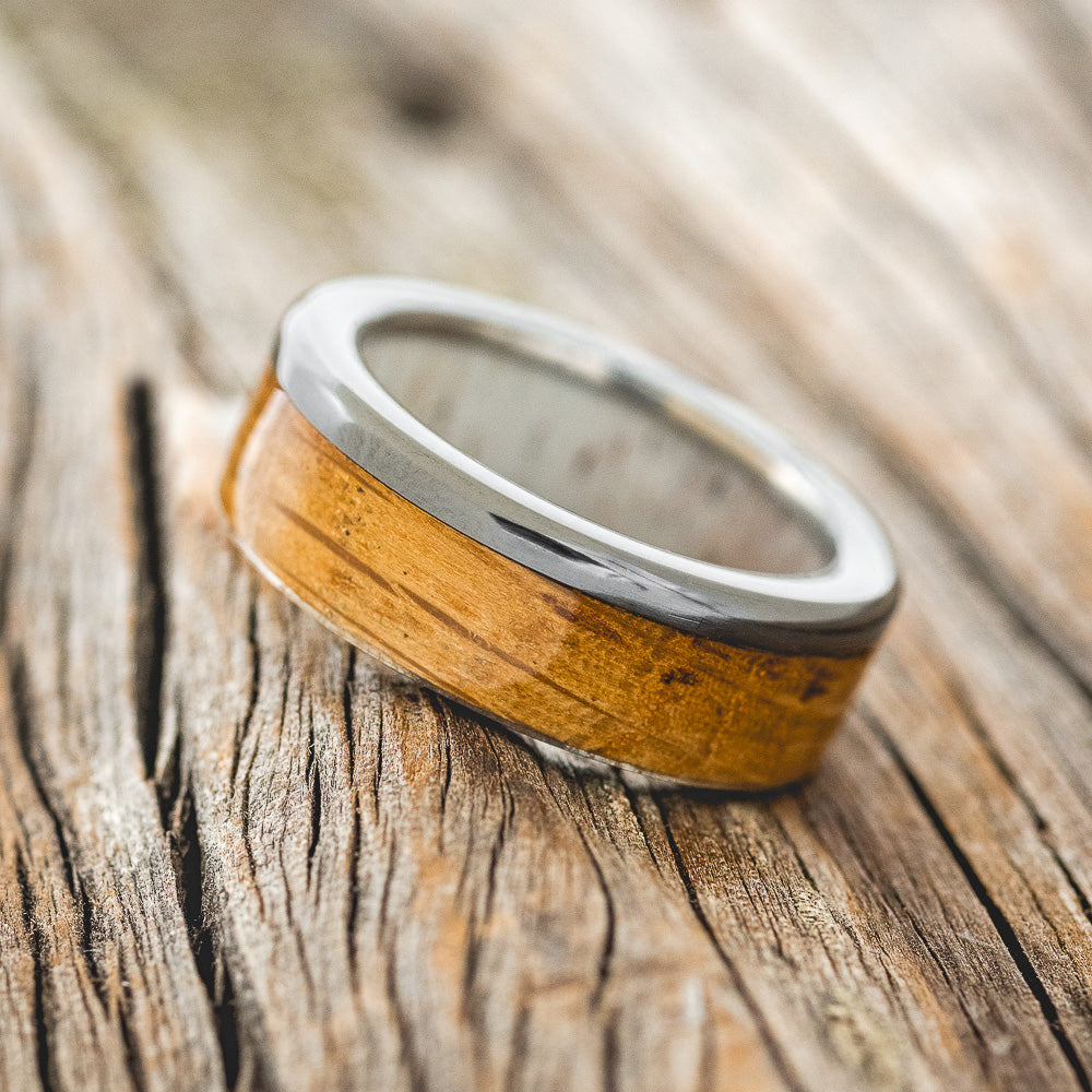 "EZRA" - WHISKEY BARREL OAK WEDDING RING FEATURING AN ANTLER LINED BAND-12