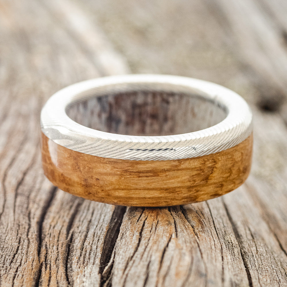 "EZRA" - WHISKEY BARREL OAK WEDDING RING FEATURING AN ANTLER LINED BAND-5