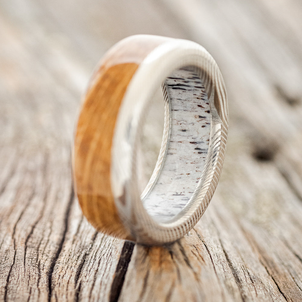 "EZRA" - WHISKEY BARREL OAK WEDDING RING FEATURING AN ANTLER LINED BAND-2