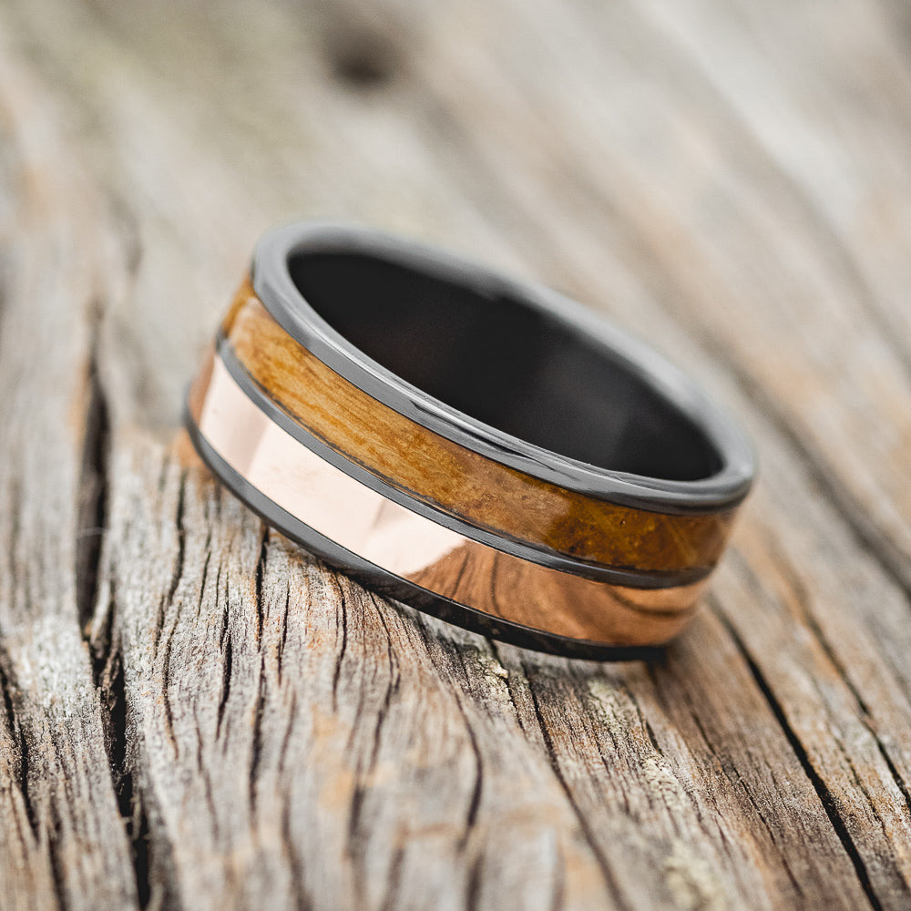 "DYAD" - WHISKEY BARREL OAK & 14K ROSE GOLD INLAY WEDDING BAND-2