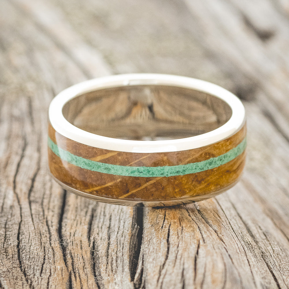 "RAINIER" - WHISKEY BARREL OAK & MALACHITE WEDDING RING FEATURING A 14K GOLD BAND-3