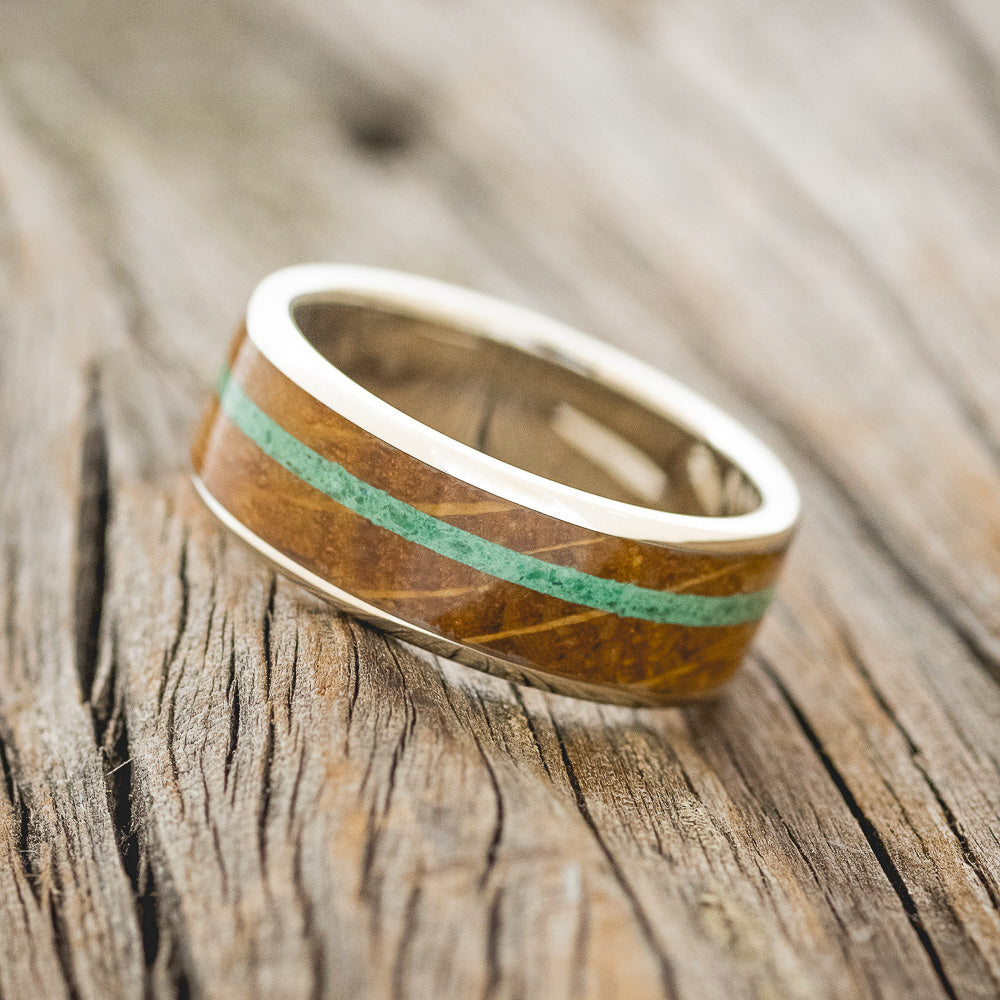 "RAINIER" - WHISKEY BARREL OAK & MALACHITE WEDDING RING FEATURING A 14K GOLD BAND-2