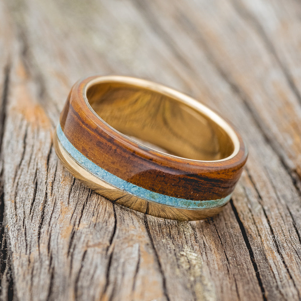 "EZRA" - TURQUOISE & IRONWOOD WEDDING RING FEATURING A 14K GOLD BAND-2