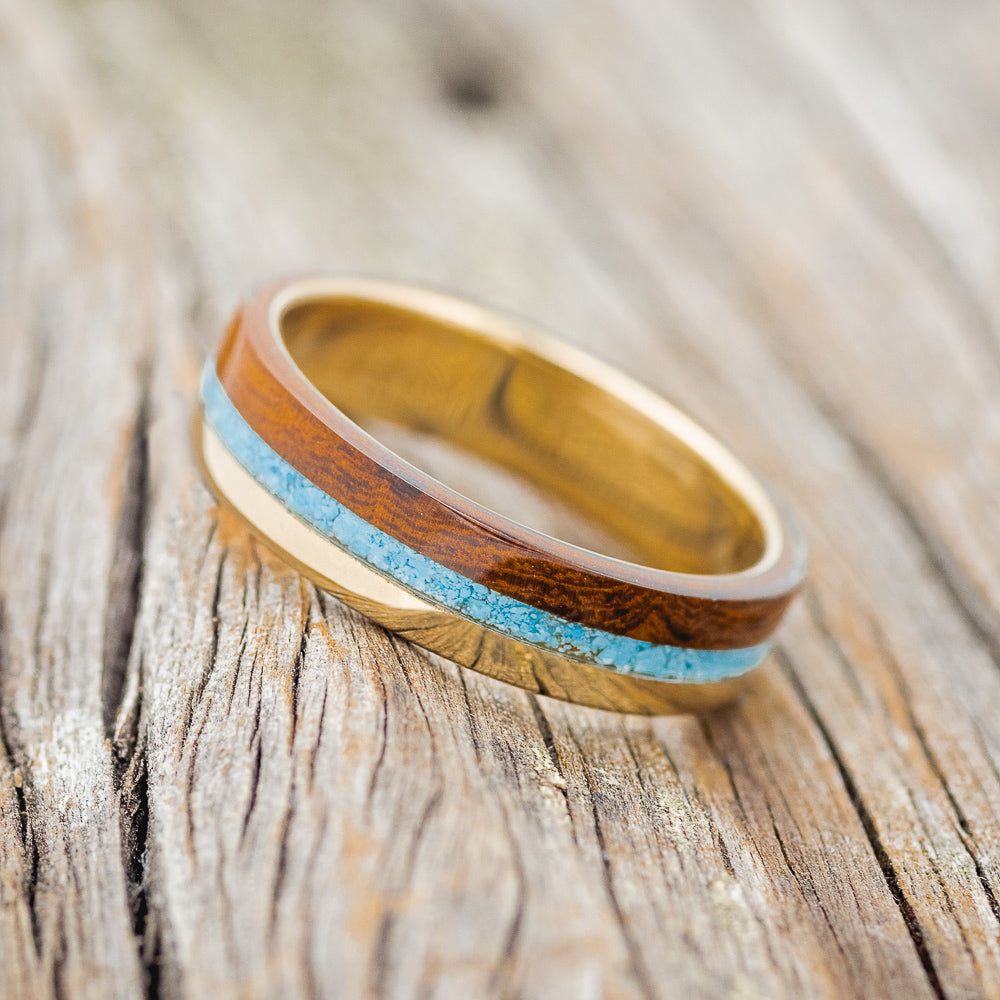 "EZRA" - TURQUOISE & IRONWOOD WEDDING RING FEATURING A 14K GOLD BAND-2