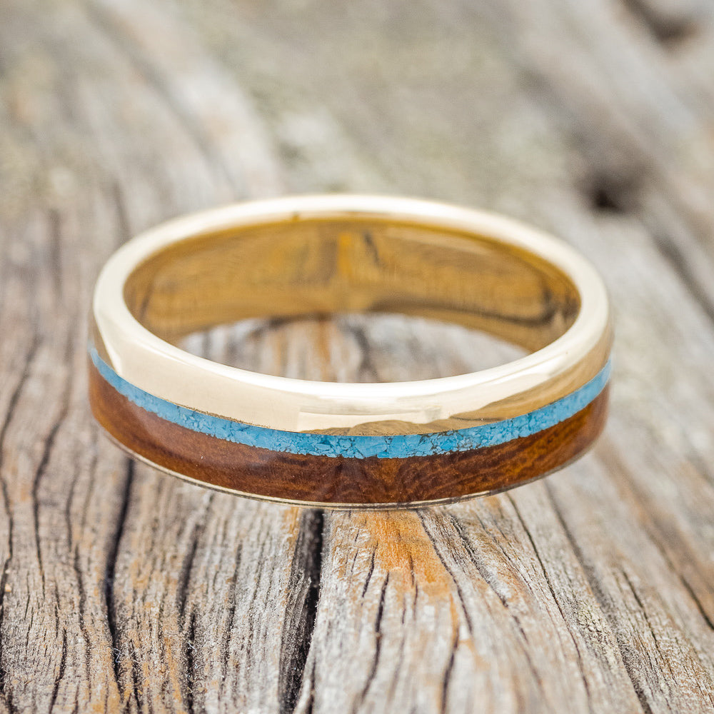 "EZRA" - TURQUOISE & IRONWOOD WEDDING RING FEATURING A 14K GOLD BAND-4