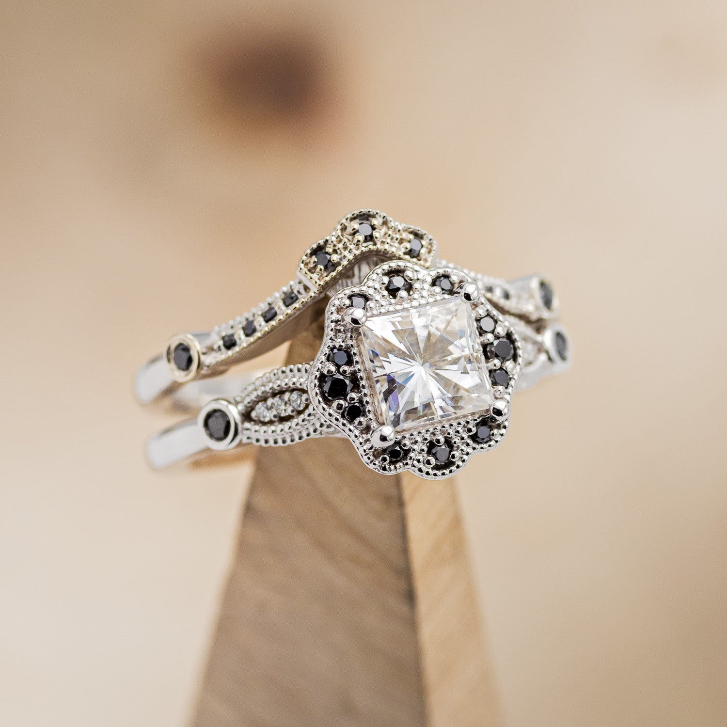 "EILEEN" - PRINCESS CUT MOISSANITE ENGAGEMENT RING WITH BLACK DIAMOND ACCENTS & TRACER-12