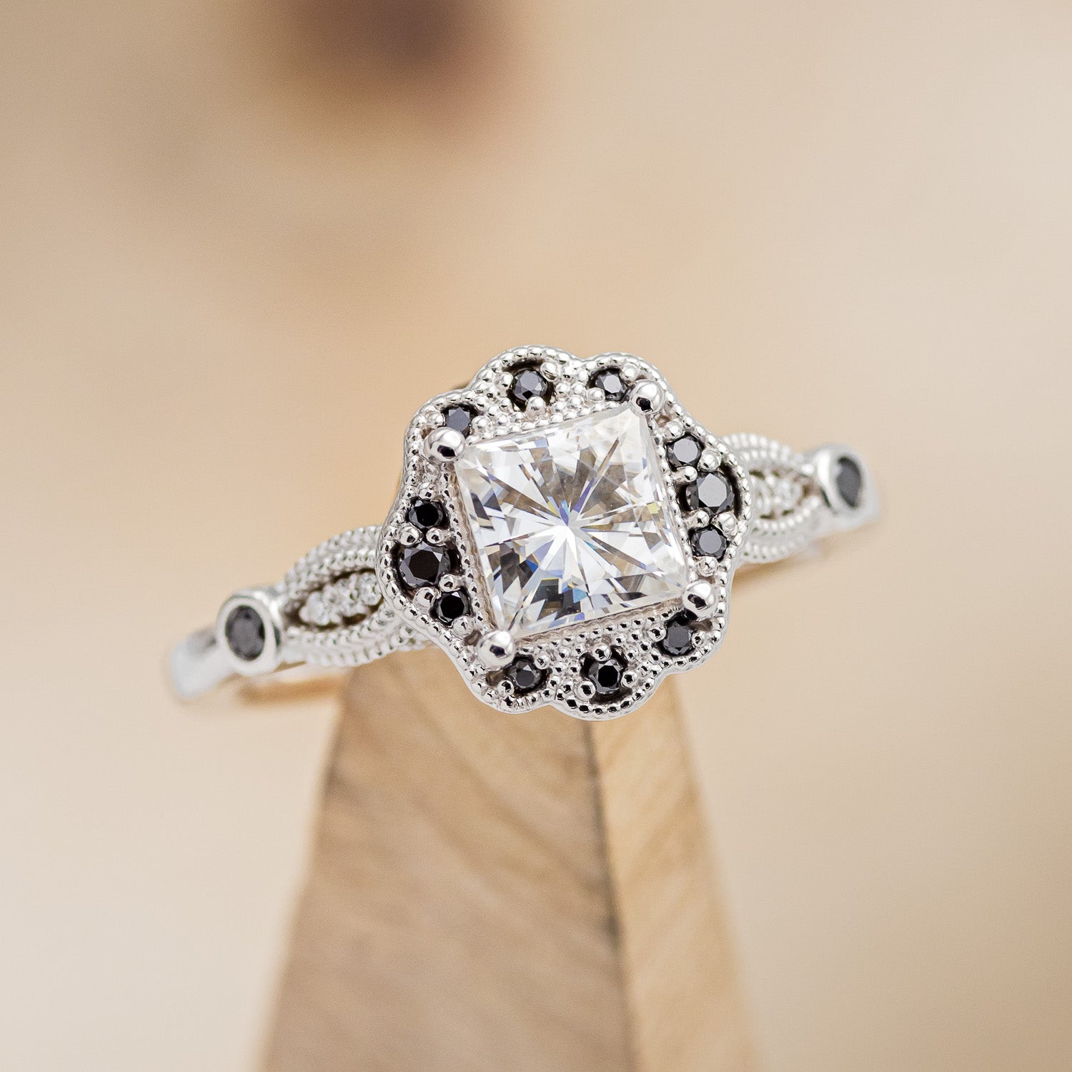"EILEEN" - PRINCESS CUT MOISSANITE ENGAGEMENT RING WITH BLACK DIAMOND ACCENTS & TRACER-17