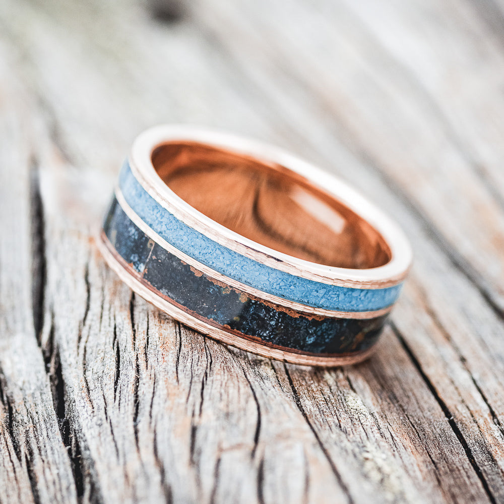"RAPTOR" - TURQUOISE & PATINA COPPER WEDDING RING FEATURING A HAMMERED 14K GOLD BAND-2