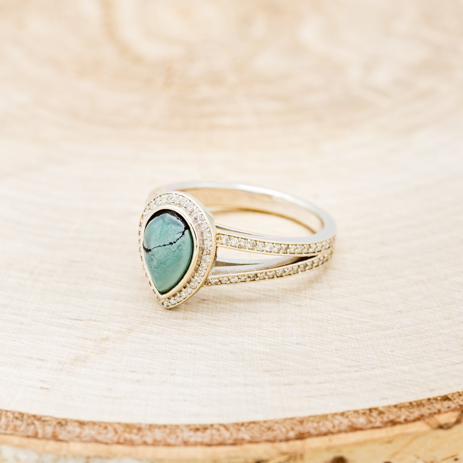 SPLIT SHANK PEAR-SHAPED TURQUOISE ENGAGEMENT RING WITH DIAMOND HALO & ACCENTS-9