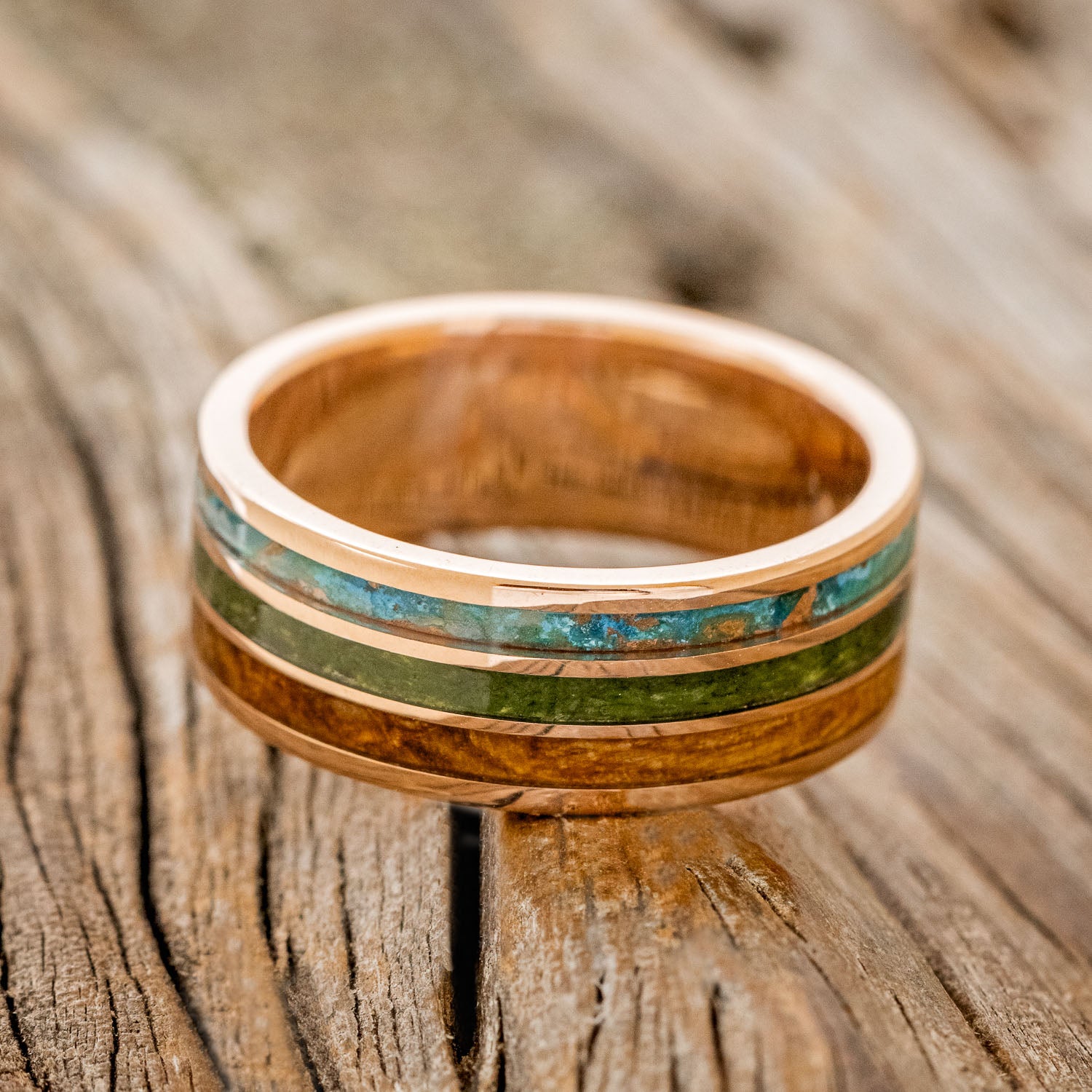 "RIO" - PATINA COPPER, MOSS & WHISKEY BARREL OAK WEDDING RING FEATURING A 14K GOLD BAND-3