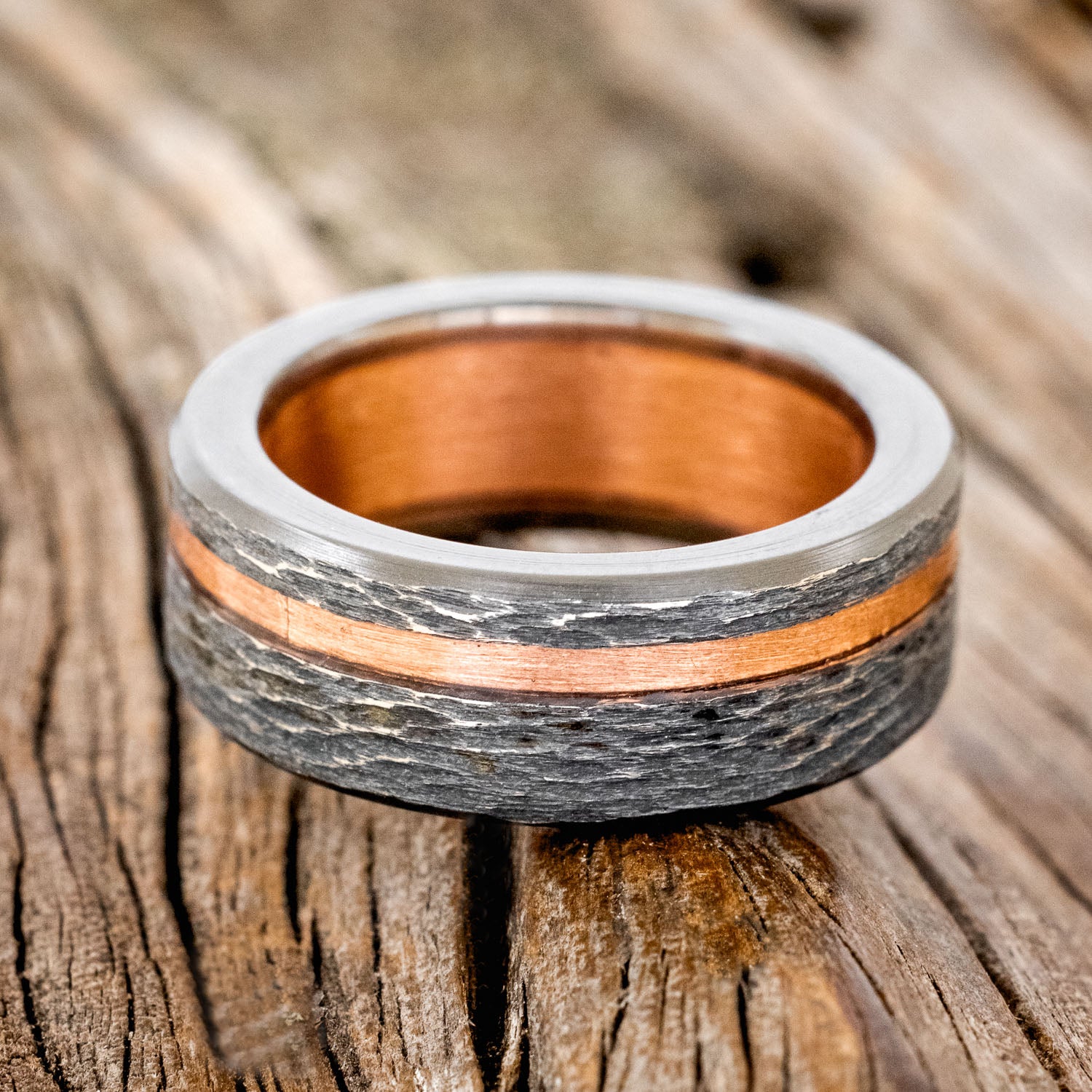 "VERTIGO" - RUSTIC COPPER WEDDING RING FEATURING A COPPER LINING & HAMMERED BLACK ZIRCONIUM BAND-5