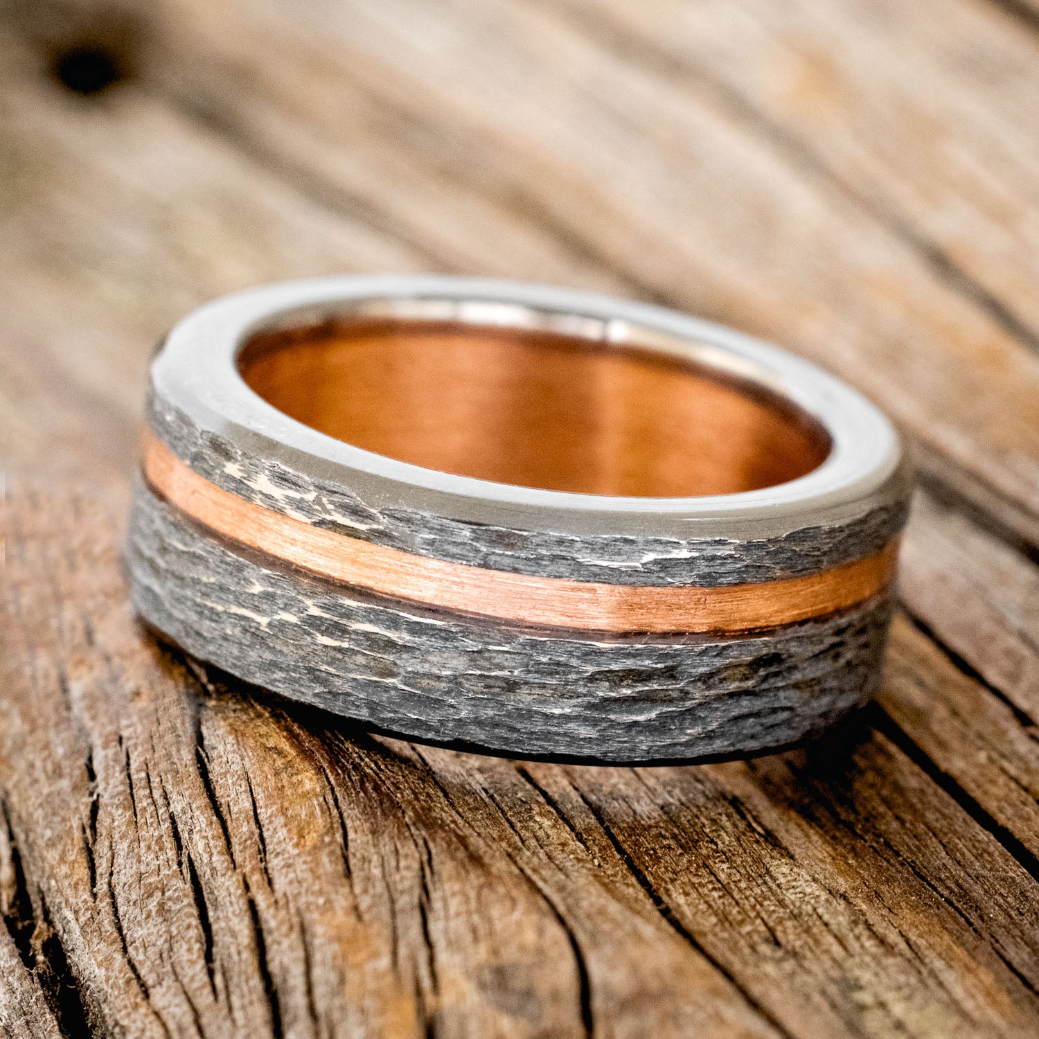 "VERTIGO" - RUSTIC COPPER WEDDING RING FEATURING A COPPER LINING & HAMMERED BLACK ZIRCONIUM BAND-3