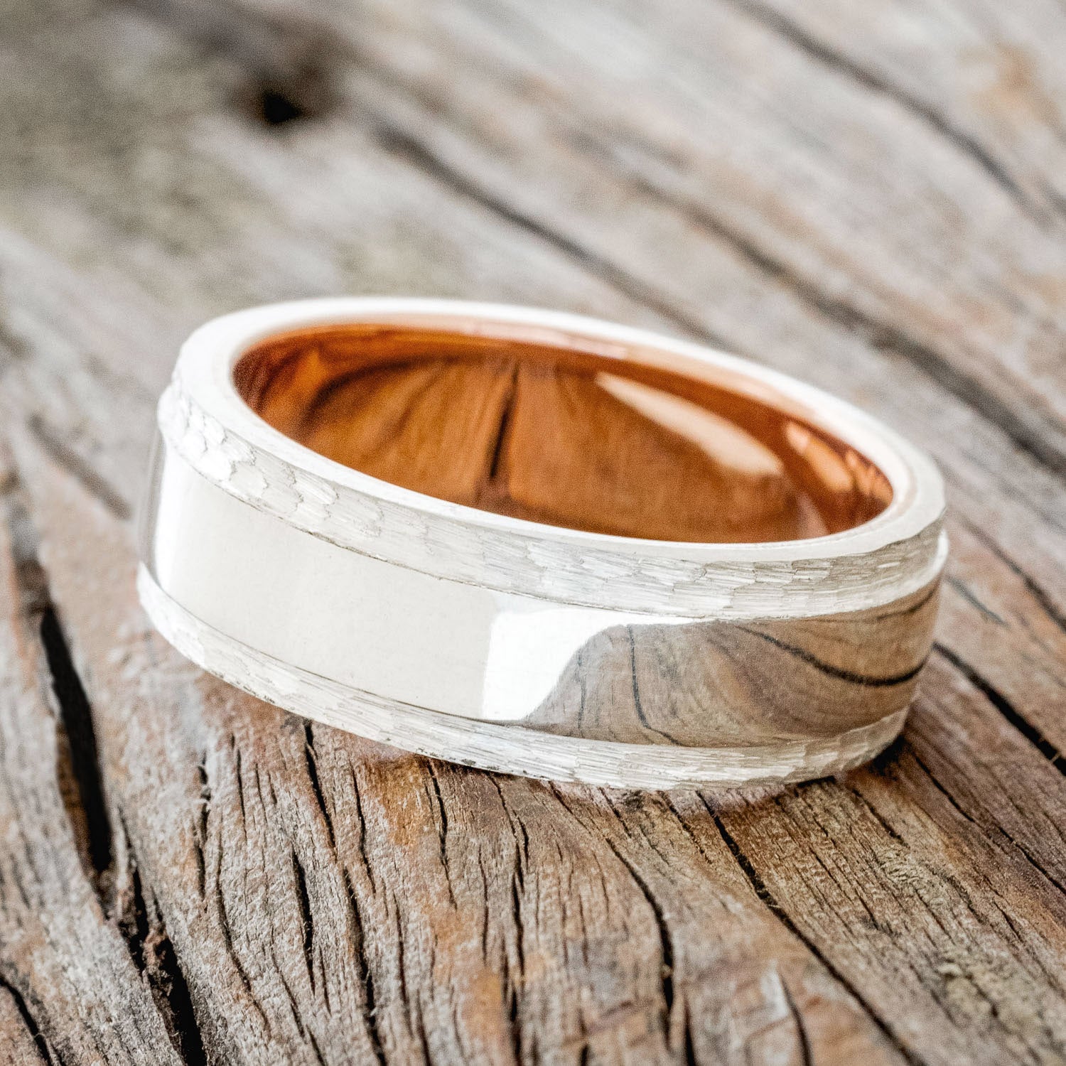 "SEDONA" - RAISED CENTER & HAMMERED EDGES WEDDING RING FEATURING A 14K GOLD LINED BAND-2