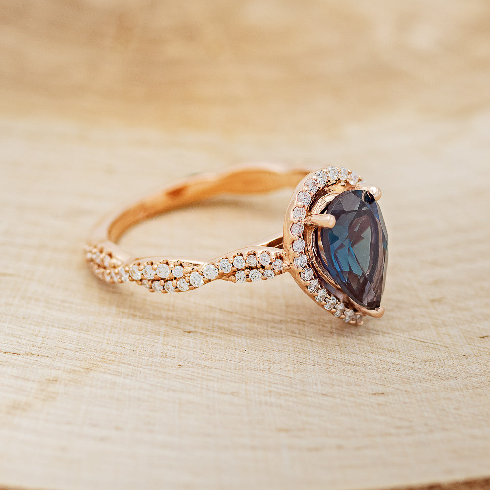 "KINLEY" - PEAR-SHAPED LAB-GROWN ALEXANDRITE ENGAGEMENT RING WITH DIAMOND HALO & ACCENTS-2
