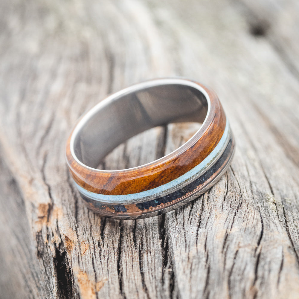 "ELEMENT" - IRONWOOD, PATINA COPPER & TURQUOISE WEDDING BAND-3