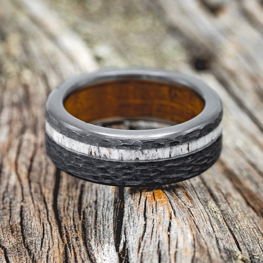 "VERTIGO" - ANTLER INLAY WEDDING RING FEATURING A WHISKEY BARREL LINING & HAMMERED FINISH-13
