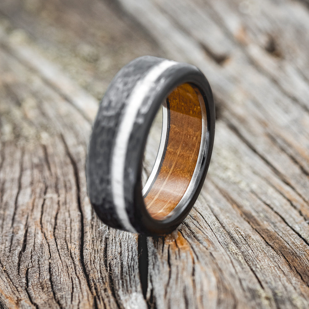 "VERTIGO" - ANTLER INLAY WEDDING RING FEATURING A WHISKEY BARREL LINING & HAMMERED FINISH-8
