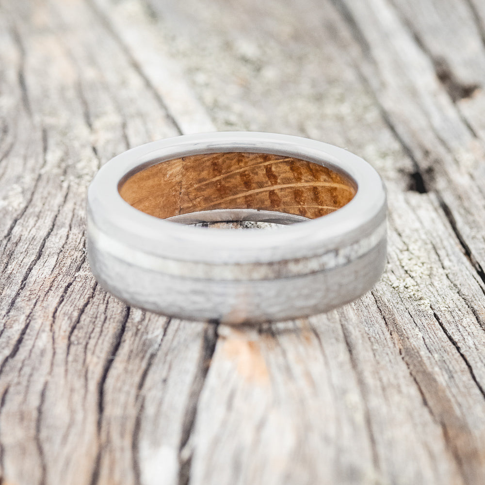 "VERTIGO" - ANTLER INLAY WEDDING RING FEATURING A WHISKEY BARREL LINING & HAMMERED FINISH-6