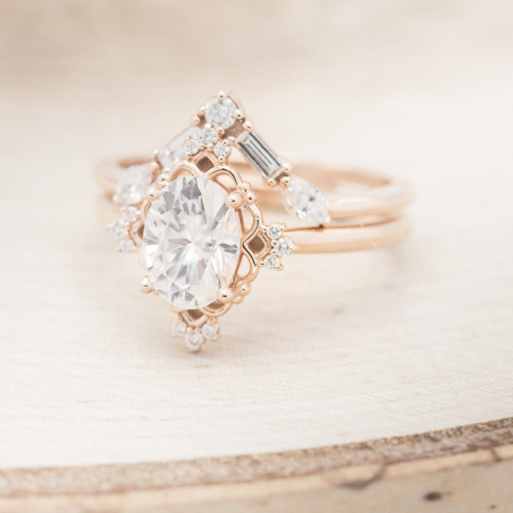 "TREVA" - OVAL MOISSANITE ENGAGEMENT RING WITH DIAMOND ACCENTS & "MELODY" TRACER-20