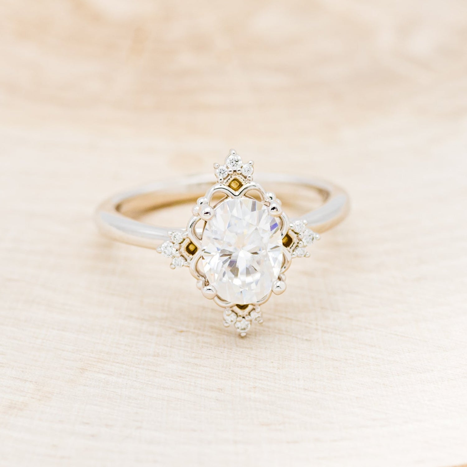 "TREVA" - OVAL MOISSANITE ENGAGEMENT RING WITH DIAMOND ACCENTS & "MELODY" TRACER-48