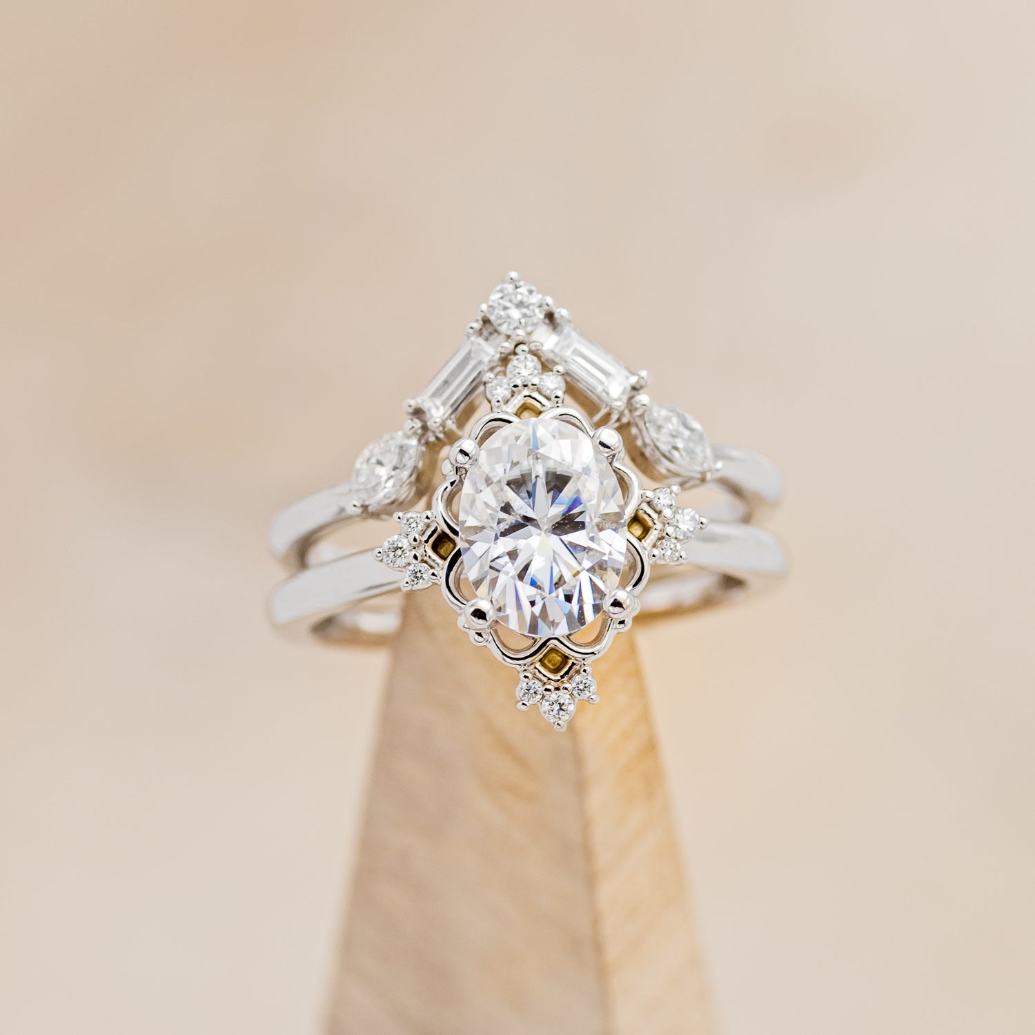 "TREVA" - OVAL MOISSANITE ENGAGEMENT RING WITH DIAMOND ACCENTS & "MELODY" TRACER-40