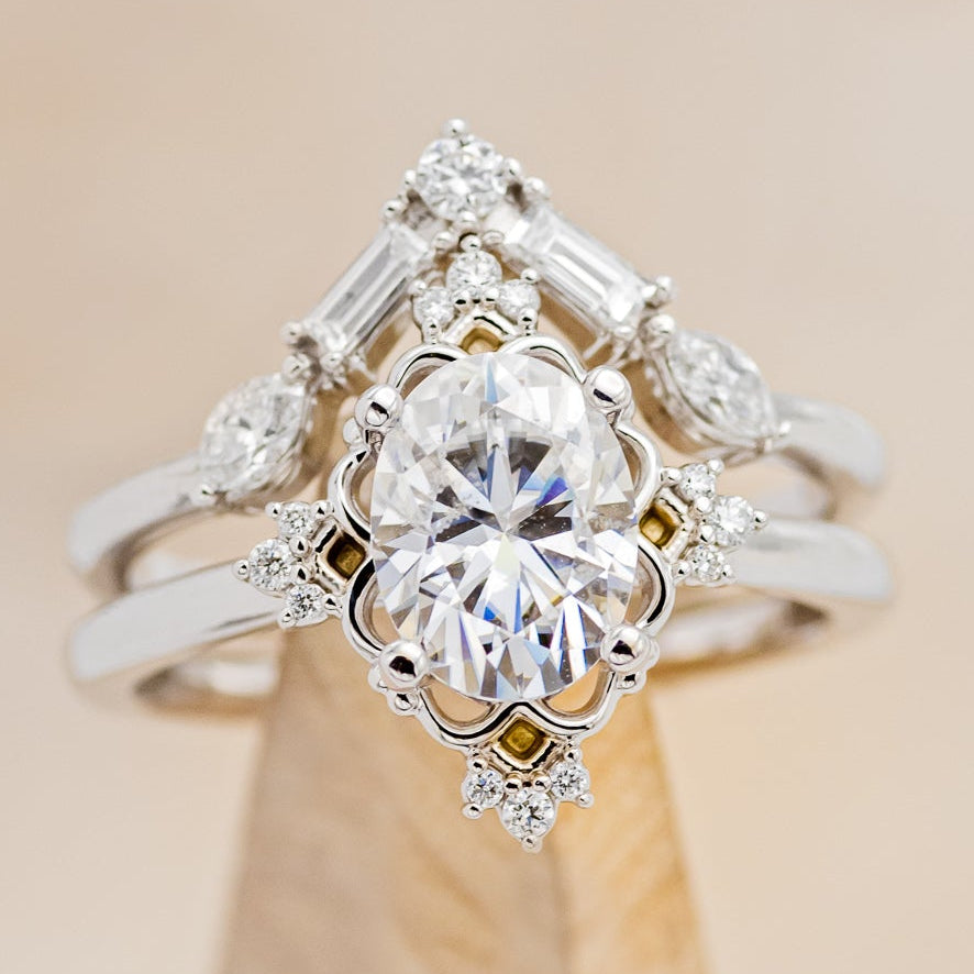 "TREVA" - OVAL MOISSANITE ENGAGEMENT RING WITH DIAMOND ACCENTS & "MELODY" TRACER-40