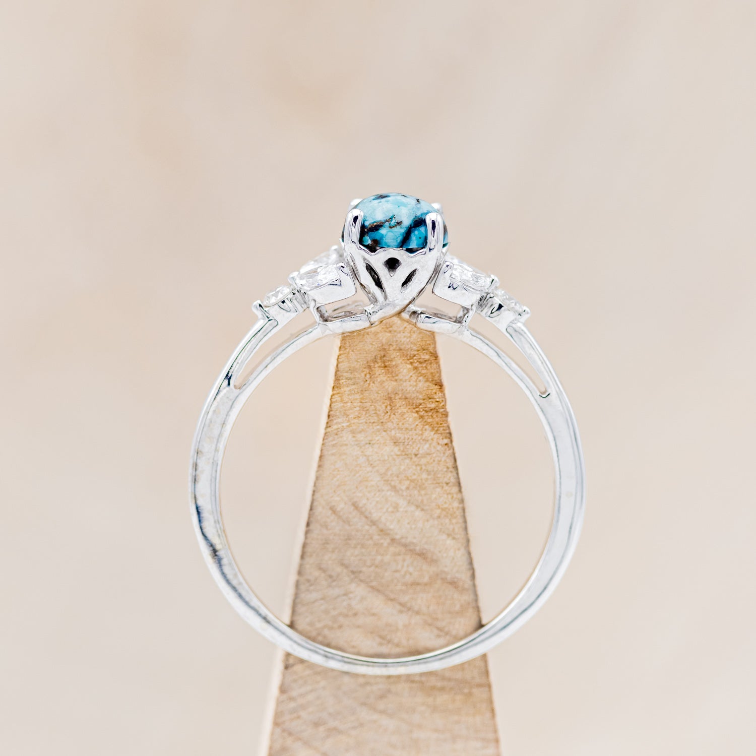 "BLOSSOM" - ROUND CUT TURQUOISE ENGAGEMENT RING WITH LEAF-SHAPED DIAMOND ACCENTS-5