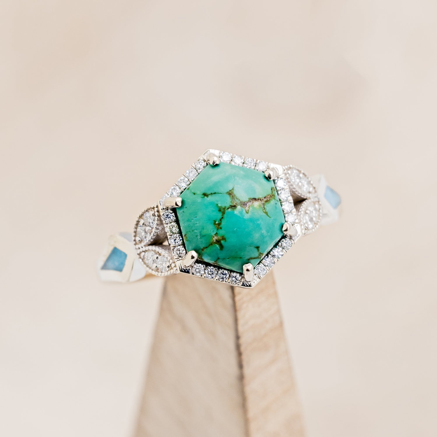 "LUCY IN THE SKY" - HEXAGON TURQUOISE ENGAGEMENT RING WITH DIAMOND ACCENTS & TURQUOISE INLAYS-7
