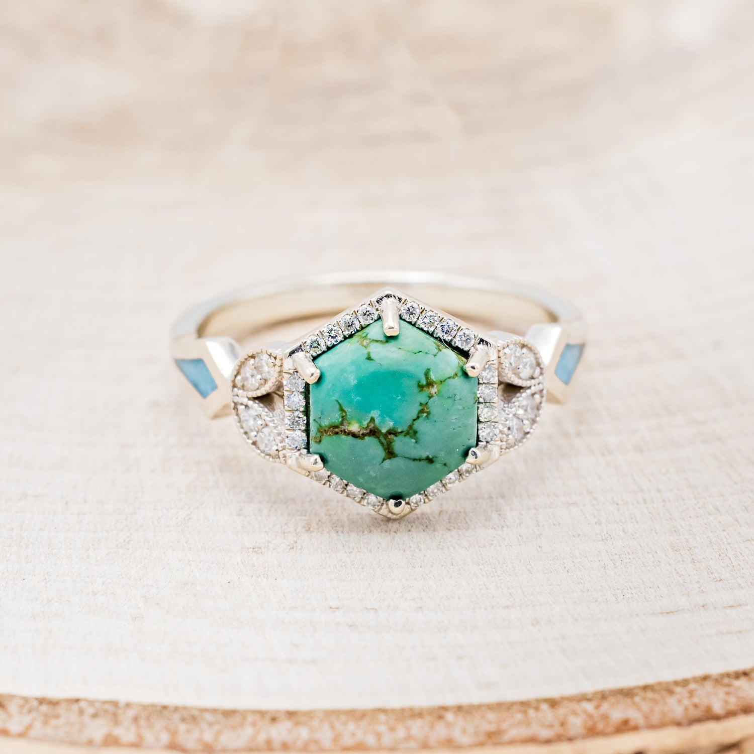 "LUCY IN THE SKY" - HEXAGON TURQUOISE ENGAGEMENT RING WITH DIAMOND ACCENTS & TURQUOISE INLAYS-10