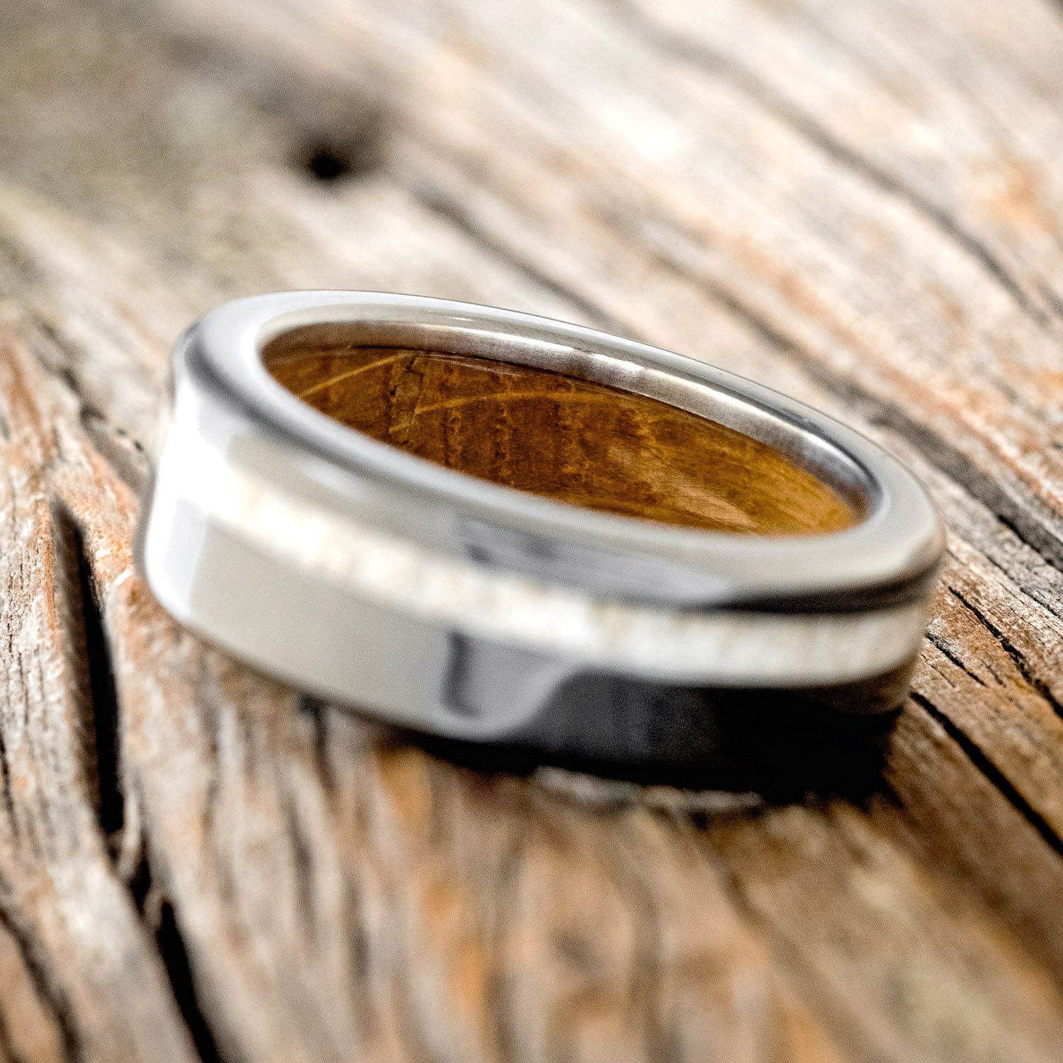 "VERTIGO" - ANTLER WEDDING RING WITH A WHISKEY BARREL LINING - READY TO SHIP-4